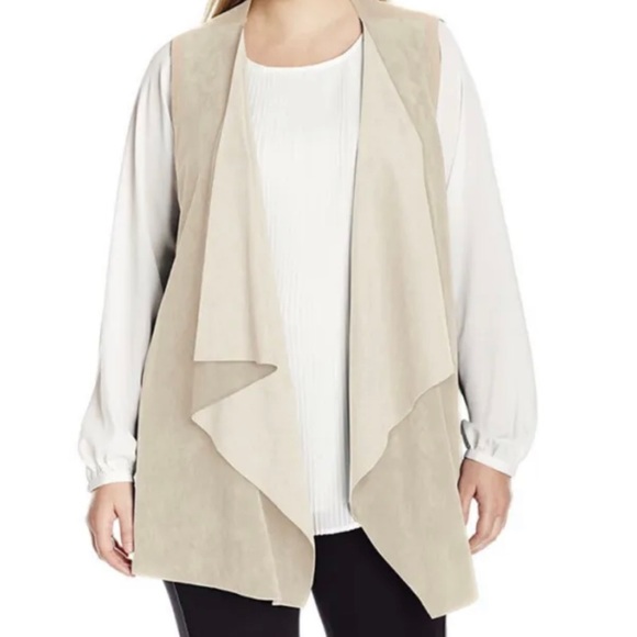 NWOT Calvin Klein Faux Suede CREAM Sweater Vest Sleeveless Drape Open Front SZ L - Picture 8 of 11